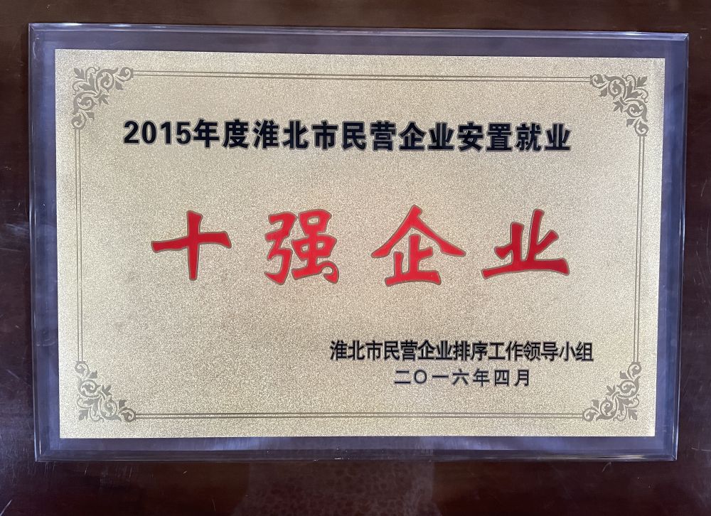 2016年4月年度淮北市民营企业安置就业“十强企业”