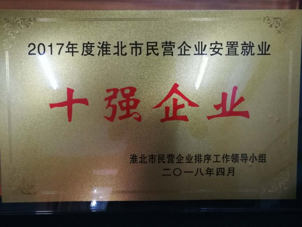2018年4月2017年度淮北市民营企业安置就业“十强企业”