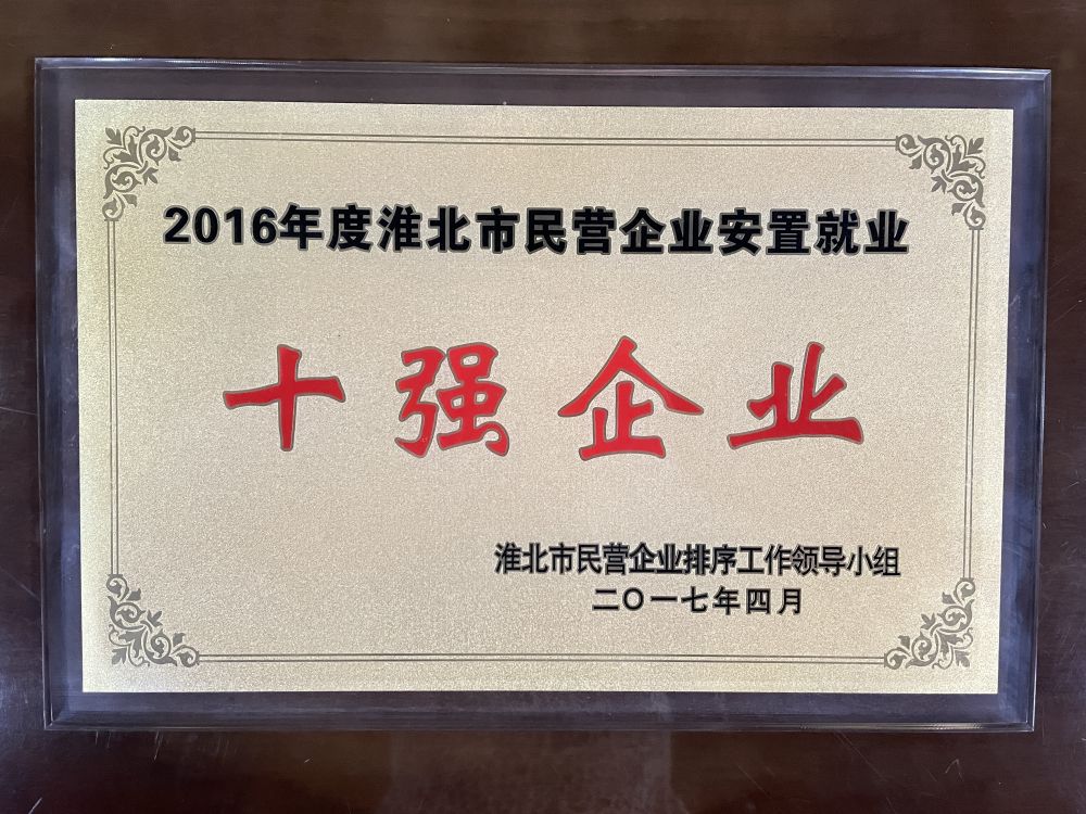 2017年4月年度淮北市民营企业安置就业“十强企业”
