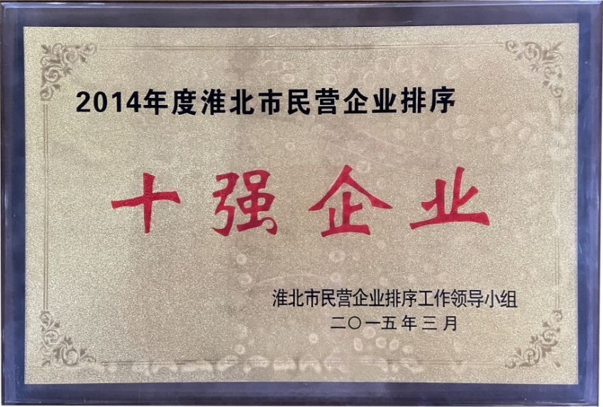 2015年3月2014年度淮北民营企业排序十强企业
