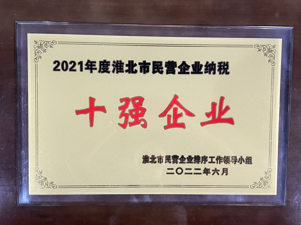 2022年6月2021年度淮北市民营企业纳税十强企业